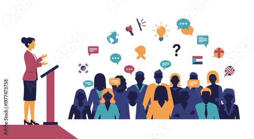 Businesswoman speaking, public speaking, audience icons, communication symbols, colorful flat illustration