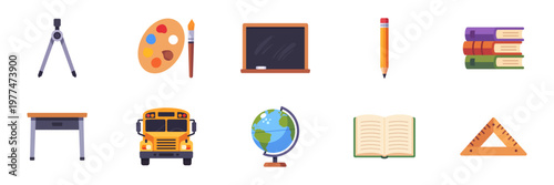 Set of school education learning icons, pencil, books, chalkboard, globe, bus, desk, colorful collection with vector flat illustrations