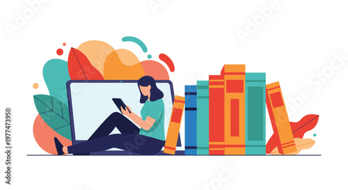 Student sitting on the floor with a laptop and a large stack of books for e-learning and online academic research.