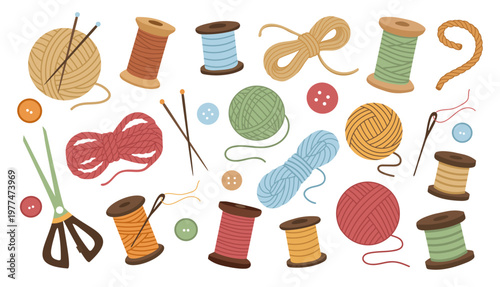 Set of sewing tools. Thread, sew, needle for tailor craft fabric. Embroidery kit for dressmaking fashion. Yarn, scissors, button equipment. Vector flat illustration