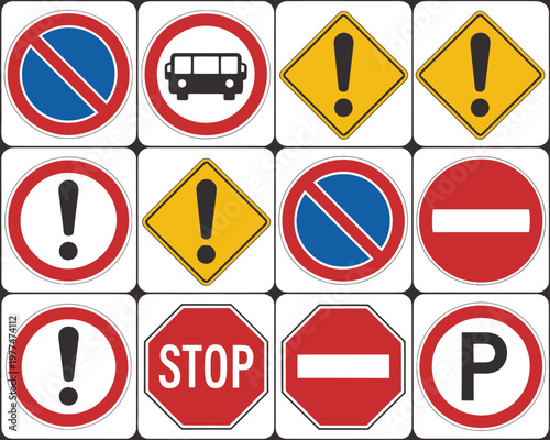 Traffic sign icon set, red and yellow road safety vector collection including stop no parking and warning symbols for transportation signage and safety design.