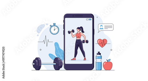 Fitness mobile app concept showing a woman training with dumbbells on a smartphone screen with healthy lifestyle icons.