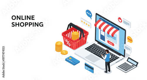 Isometric online shopping concept with a person using a laptop to browse a web store with a red basket and credit cards.
