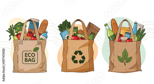 Three eco-friendly reusable shopping bags filled with fresh groceries fruits and vegetables to reduce plastic waste.