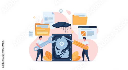 Data recovery and computer hardware repair concept with technicians using tools to fix a broken hard drive disk.