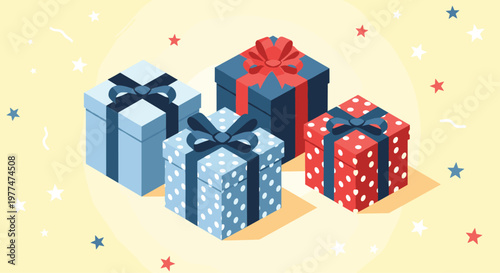 Arrangement of four festive gift boxes with different patterns like polka dots and stripes on a warm yellow starry background.