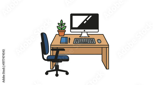 Workspace Minimalism: A tidy workspace featuring a monitor, keyboard, mouse, office chair, small plant, and notebook, illustrating an environment of focus and efficiency.