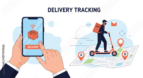 Top view of hands using a smartphone for delivery tracking alongside an illustration of a courier on a scooter moving over a city map.