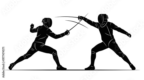 Duel of Blades: Two silhouetted fencers engage in a dynamic duel, poised in combat, their movements captured with artistic flair. 