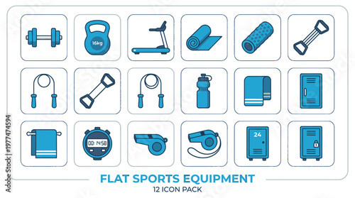 Flat Sports Equipment Collection: An array of blue flat sports equipment icons, including weights, mats, jump ropes, and lockers, showcasing various elements essential for exercise and fitness.