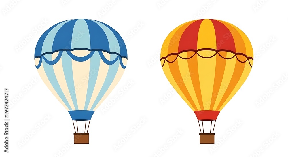 Naklejka premium Two colorful hot air balloons, blue and yellow-orange, with decorative trim, on white