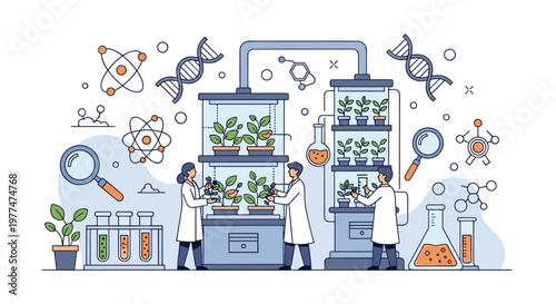 Team of scientists in white coats working in a sophisticated vertical farming laboratory with advanced plant growth shelves and tools.