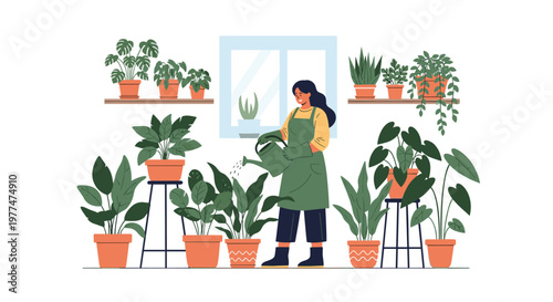 Young woman wearing a green apron while carefully watering her extensive collection of various indoor houseplants in a bright room.