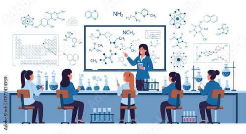 Female chemistry teacher explaining complex molecular structures on a whiteboard to a group of female students in a science lab.