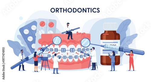 Team of small dentists and dental assistants working around a large model of human teeth with braces and various medical supplies.