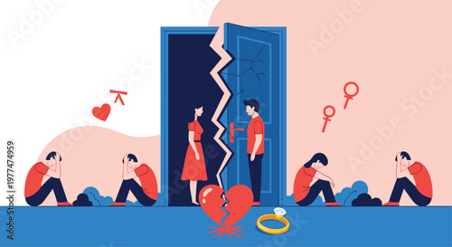Emotional scene depicting a couple in a split doorway alongside sad individuals, a broken heart, and a ring representing divorce.