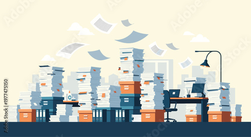 Extremely cluttered office workspace filled with numerous tall stacks of paper, files, and loose documents flying through the air.