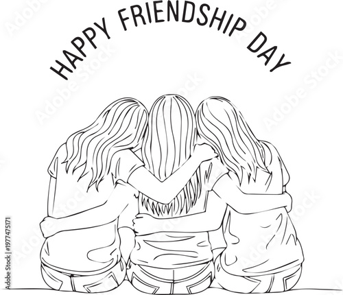 Three Best Friends Hugging Back View Happy Friendship Day One Line Art Vector Illustration