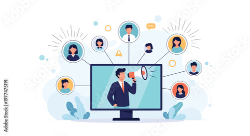 Professional man with a megaphone on a monitor screen reaching out to a network of diverse people shown in circular bubbles.