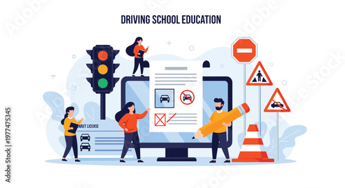 Group of people studying for their driving license around a giant monitor displaying a car test with traffic lights and road signs.