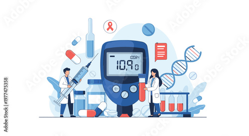 Team of medical professionals working with a large blood glucose meter, test tubes, syringes, and pills to manage diabetes.