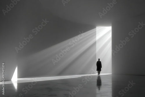 A person walking through a doorway of light