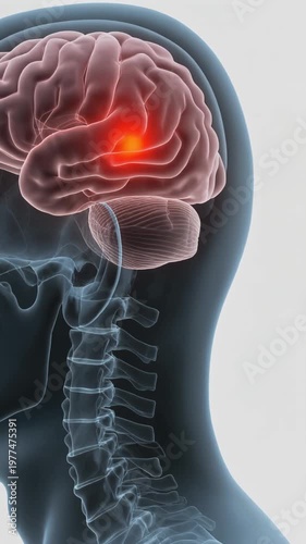 A medical illustration of a human head and neck with a highlighted area of the brain