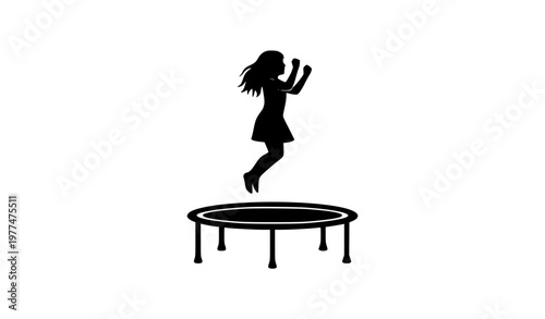 Young girl trampoline silhouette vector illustration playful childhood jumping activity