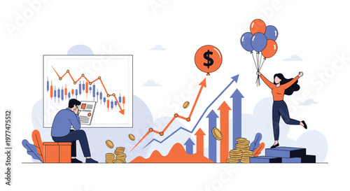 Economic contrast illustration showing man frustrated by market decline while happy woman celebrates financial growth with balloons.