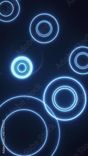 A mesmerizing digital artwork featuring glowing blue neon circles of various sizes against a dark background