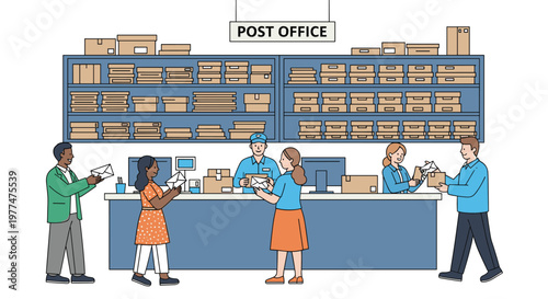 Busy post office interior scene showing customers and staff members at counter mailing letters and sorting cardboard shipping boxes.