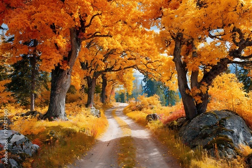 A wide path through a golden autumn forest
