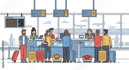 People at airport check-in counter with luggage, boarding planes concept
