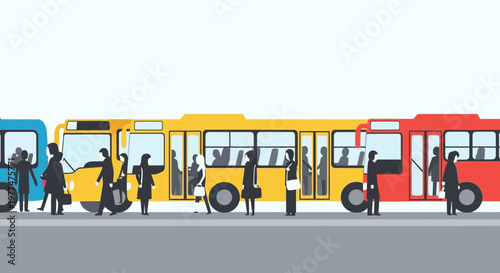 Diverse people waiting at bus stop with colorful buses arriving