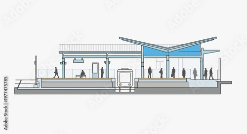 Modern Train Station Architecture Section View with People and Train