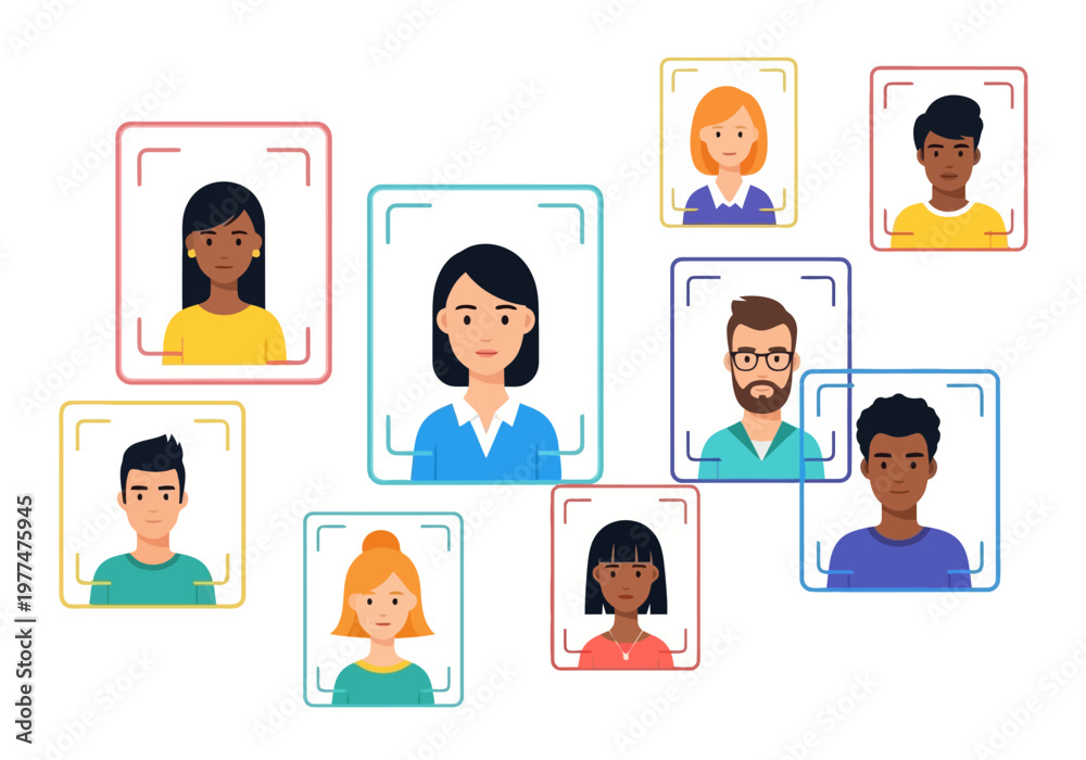 Fototapeta premium Cartoon avatars of diverse people framed by corner brackets