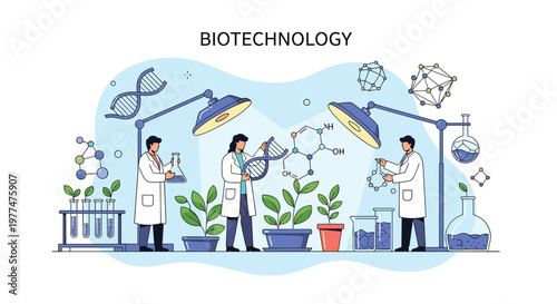 Biotechnology research laboratory scene with scientists studying dna structures and plant samples for scientific innovation and medicine.