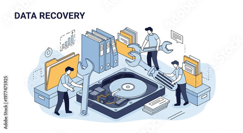Computer data recovery and technical support concept with miniature technicians using tools to repair hard drive and restore file data.