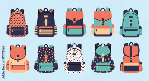 Collection of colorful school backpacks for children and students featuring various vibrant patterns and designs on light blue background.