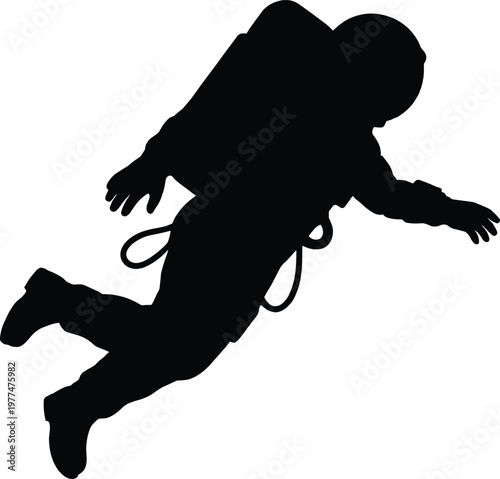 Black silhouette of an astronaut floating in outer space, isolated on white background for creative design, cosmic exploration and science concept.