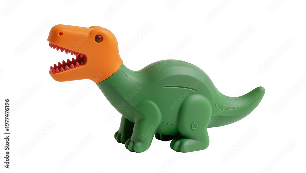 Naklejka premium Green plastic dinosaur toy with orange head and teeth