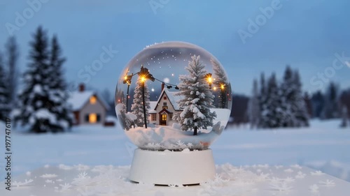 A miniature snowy village inside a transparent glass sphere on a snowy surface with trees and houses in the background
