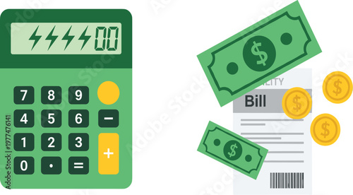 "Financial Icons Set Featuring Green Calculator, Dollar Bills, Coins, and Bill Statement for Money Management and Budgeting"