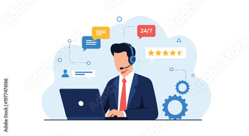 Customer service support specialist with headset working on laptop for online assistance and technical troubleshooting for global users.