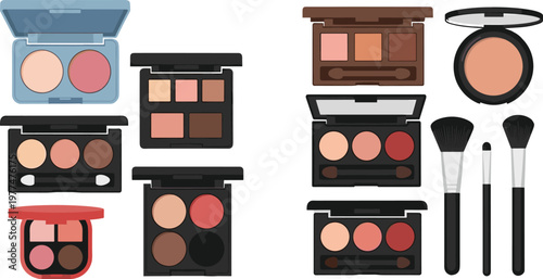 Makeup Palette and Cosmetics Collection with Eyeshadow, Blush and Brushes for Beauty and Professional Makeup Illustration Design