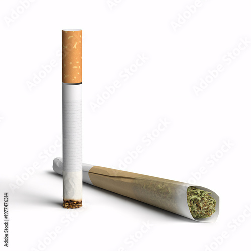A cigarette and a marijuana joint are displayed on a white background