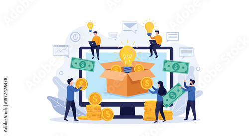 Innovative crowdfunding and business investment concept with people contributing money to box with glowing lightbulb idea for startup.