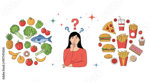 Healthy lifestyle choice concept showing woman deciding between nutritious fruits and vegetables versus processed fast food and snacks.