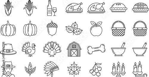 Thanksgiving icons, autumn harvest symbols, turkey dinner, pumpkin pie, pilgrim hat, corn, barn, apple basket, fall leaves, celebration