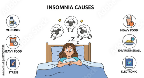 Educational infographic explains various causes of insomnia featuring a woman in bed surrounded by jumping sheep and several health icons.